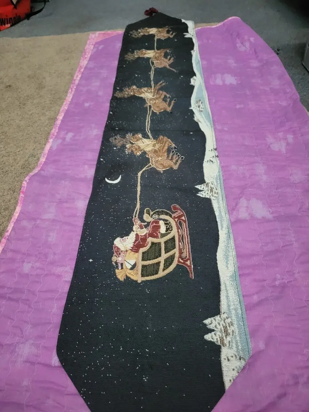 VTG Christmas Tapestry Tablerunner Flying Santa Claus Reindeer Ex Long 11.5x69